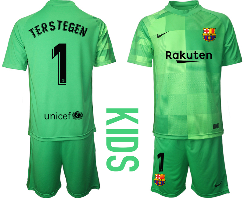 Cheap Youth 2021-2022 Club Barcelona green goalkeeper 1 Soccer Jersey